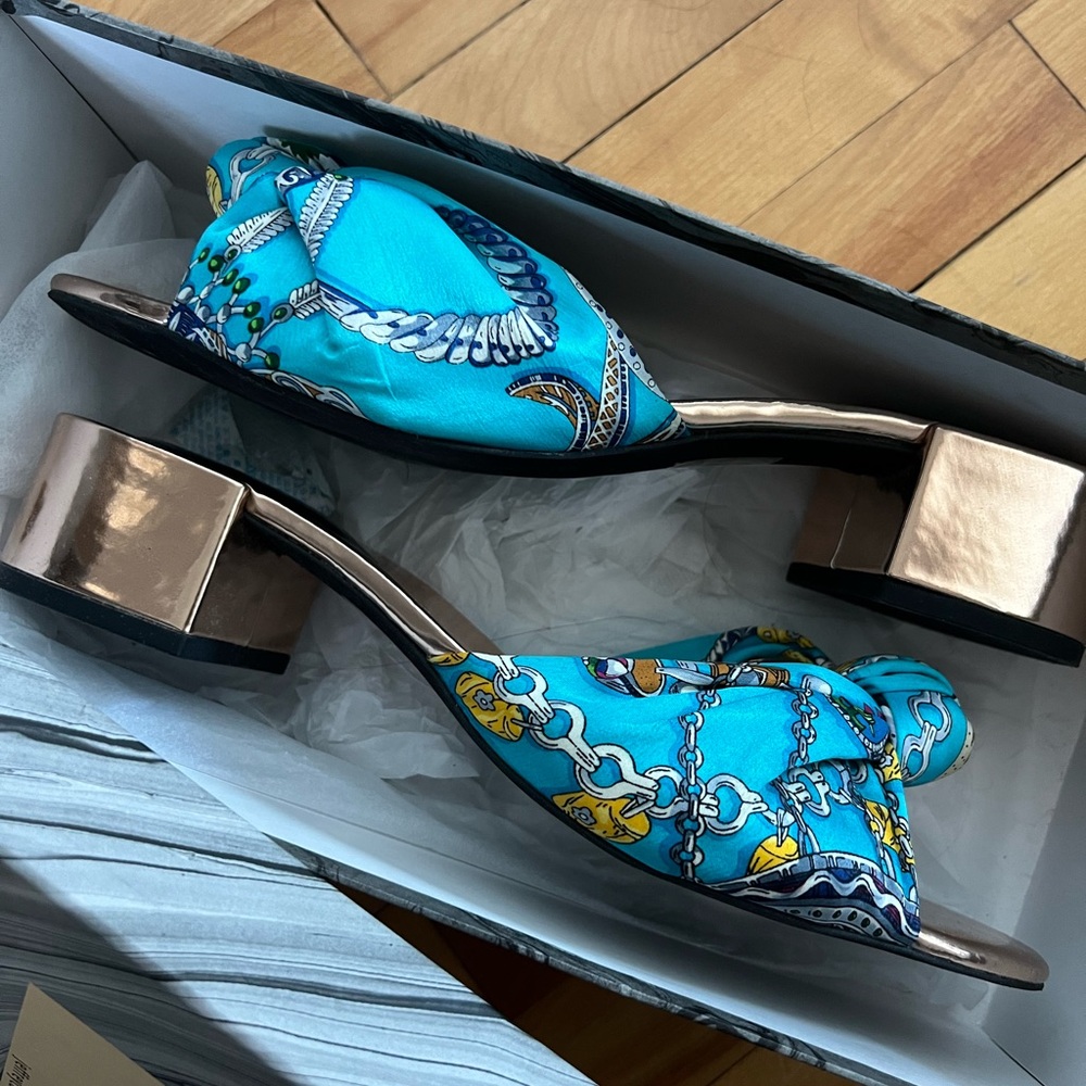 Jeffrey Campbell Blue and Gold Heels